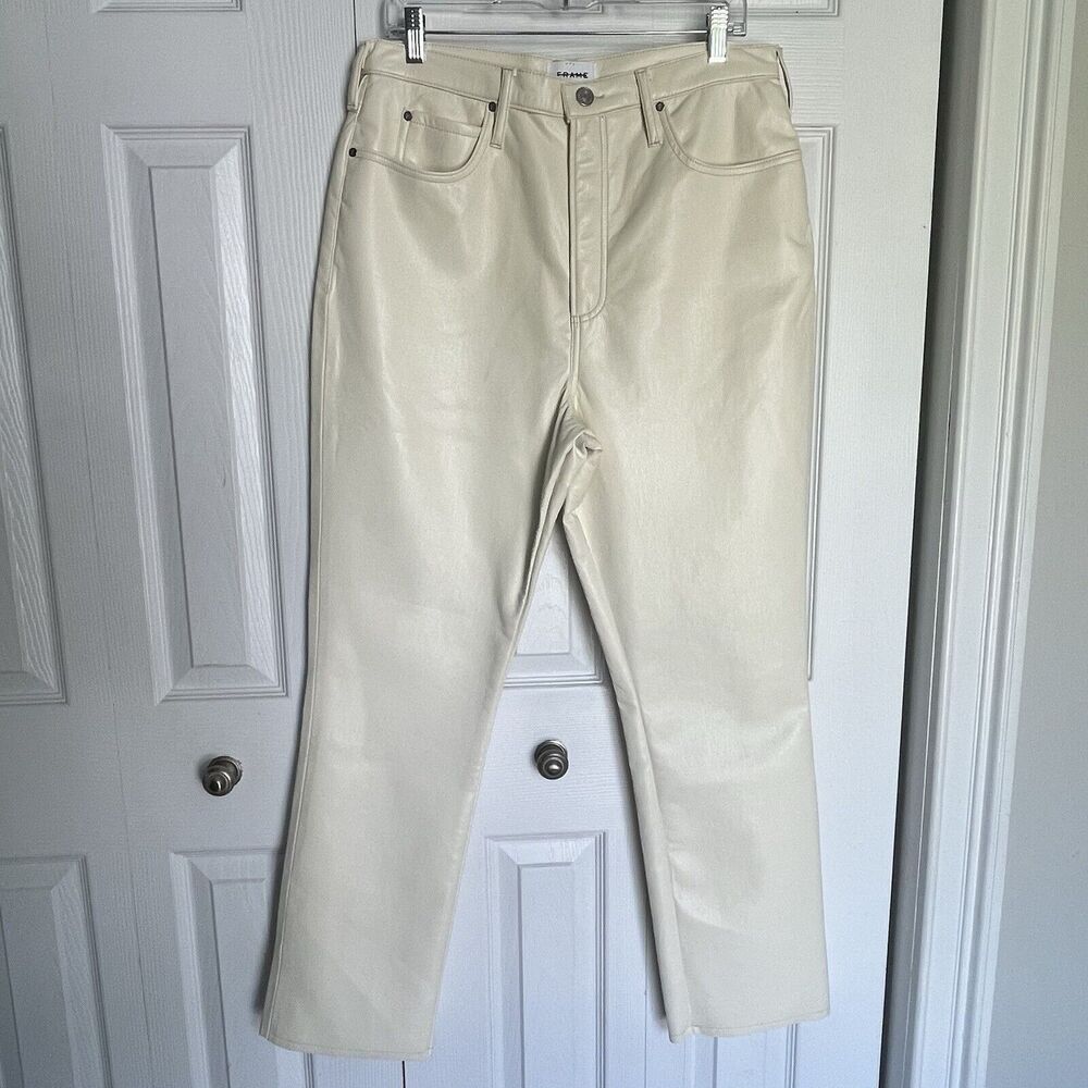 FRAME Womens Pants Size 32 Ivory Bone Faux Leather Straight Jean New - Picture 6 of 16